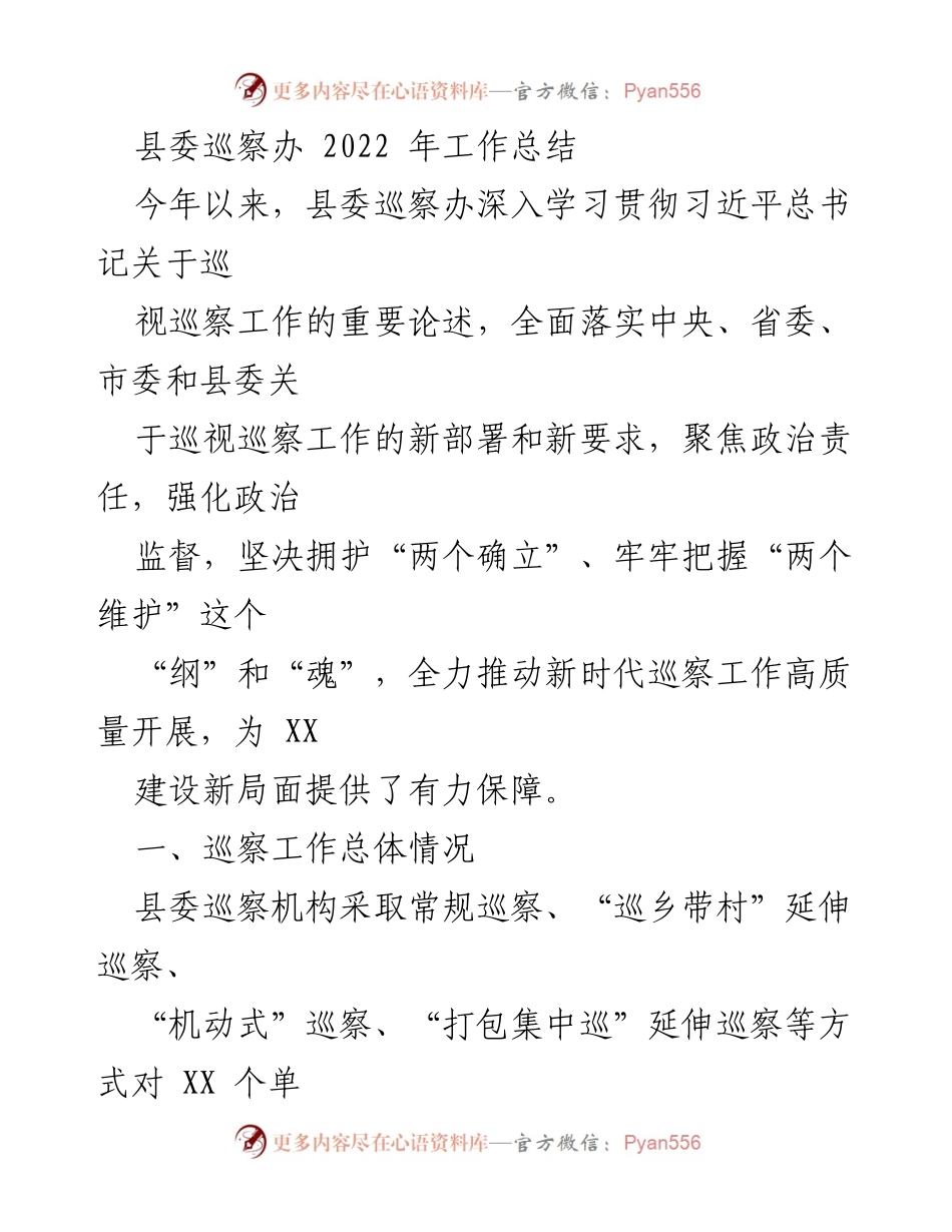 [工作总结] 县委巡察办 - 2022年巡察工作总结与整改措施分析.docx_第1页