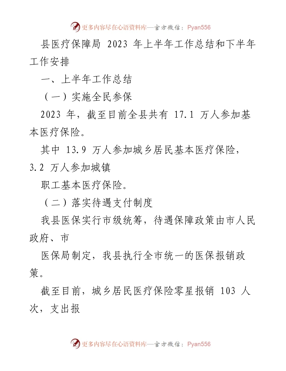 [工作总结] 县医疗保障局 - 2023年上半年医疗保障工作总结与下半年安排.docx_第1页