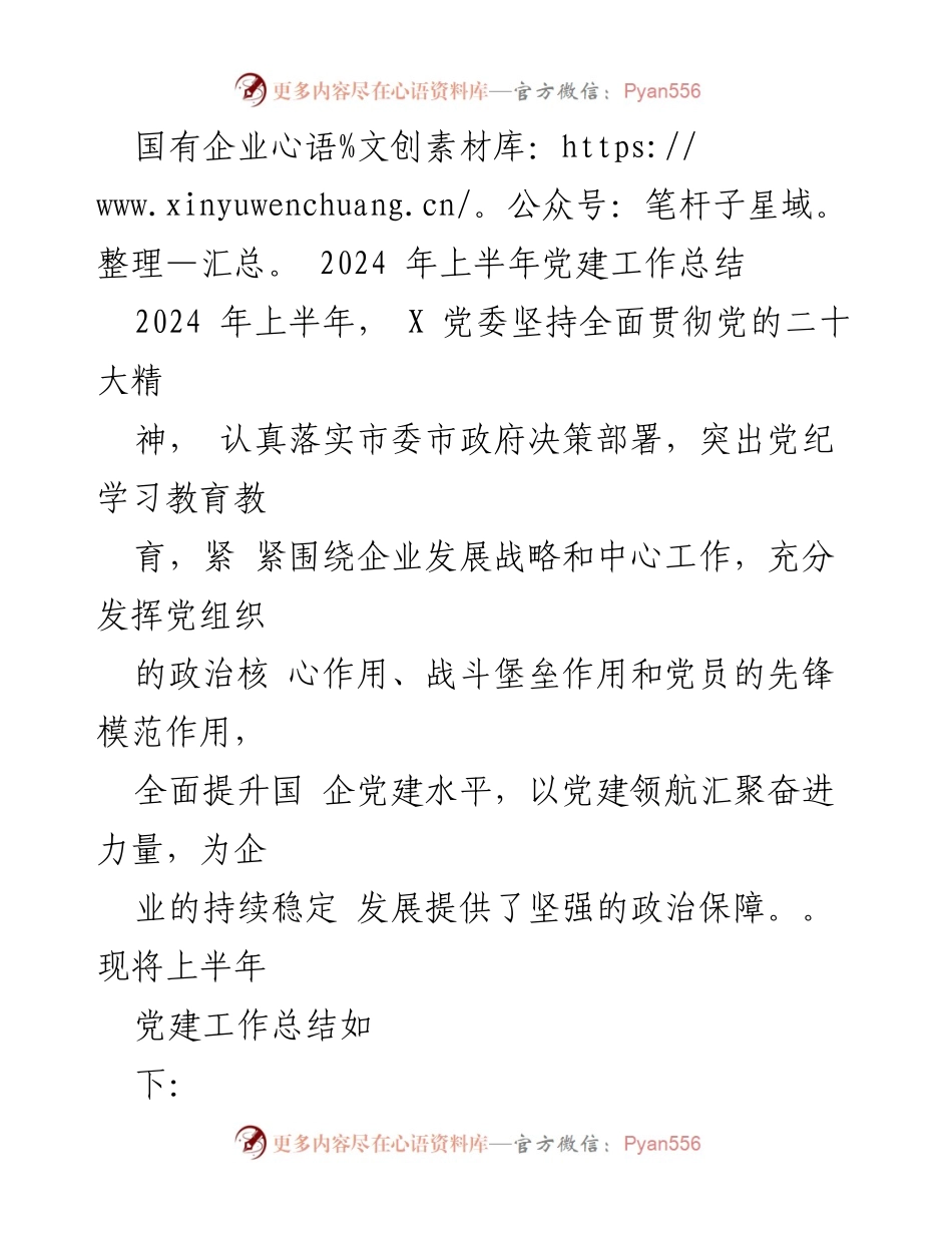 [工作总结] 国有企业党建 - 2024年上半年党建工作总结与成效分析_1.docx_第1页