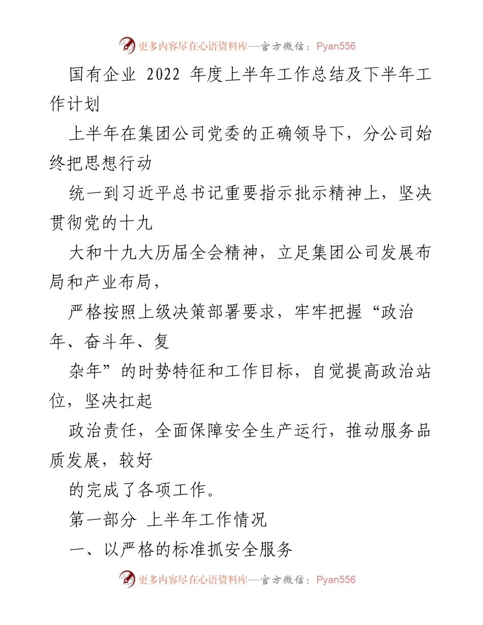 [工作总结] 国有企业 - 2022年度上半年工作总结与下半年工作计划.docx_第1页