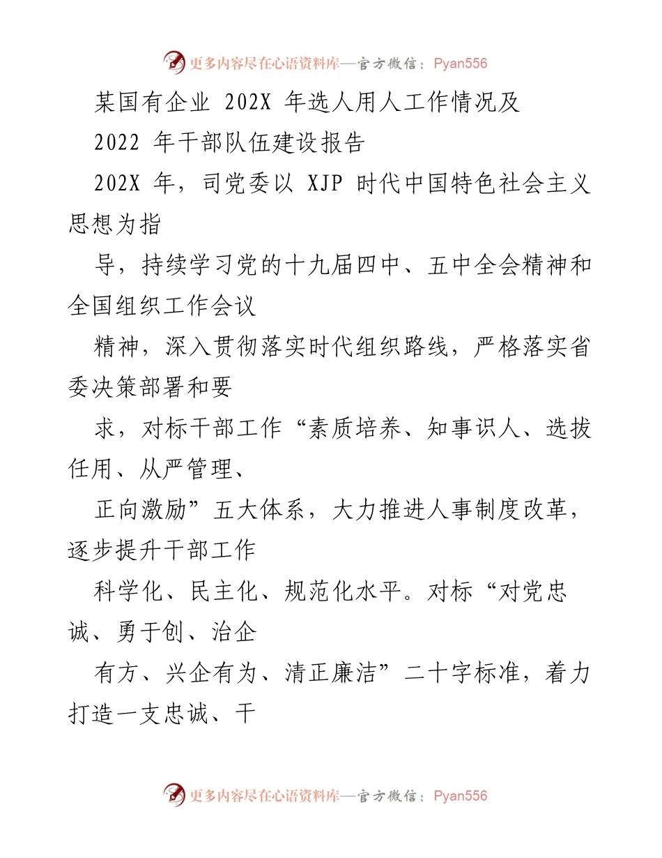 [工作总结] 国有企业干部队伍建设 - 202X年国有企业选人用人工作情况及干部队伍建设报告.docx_第1页