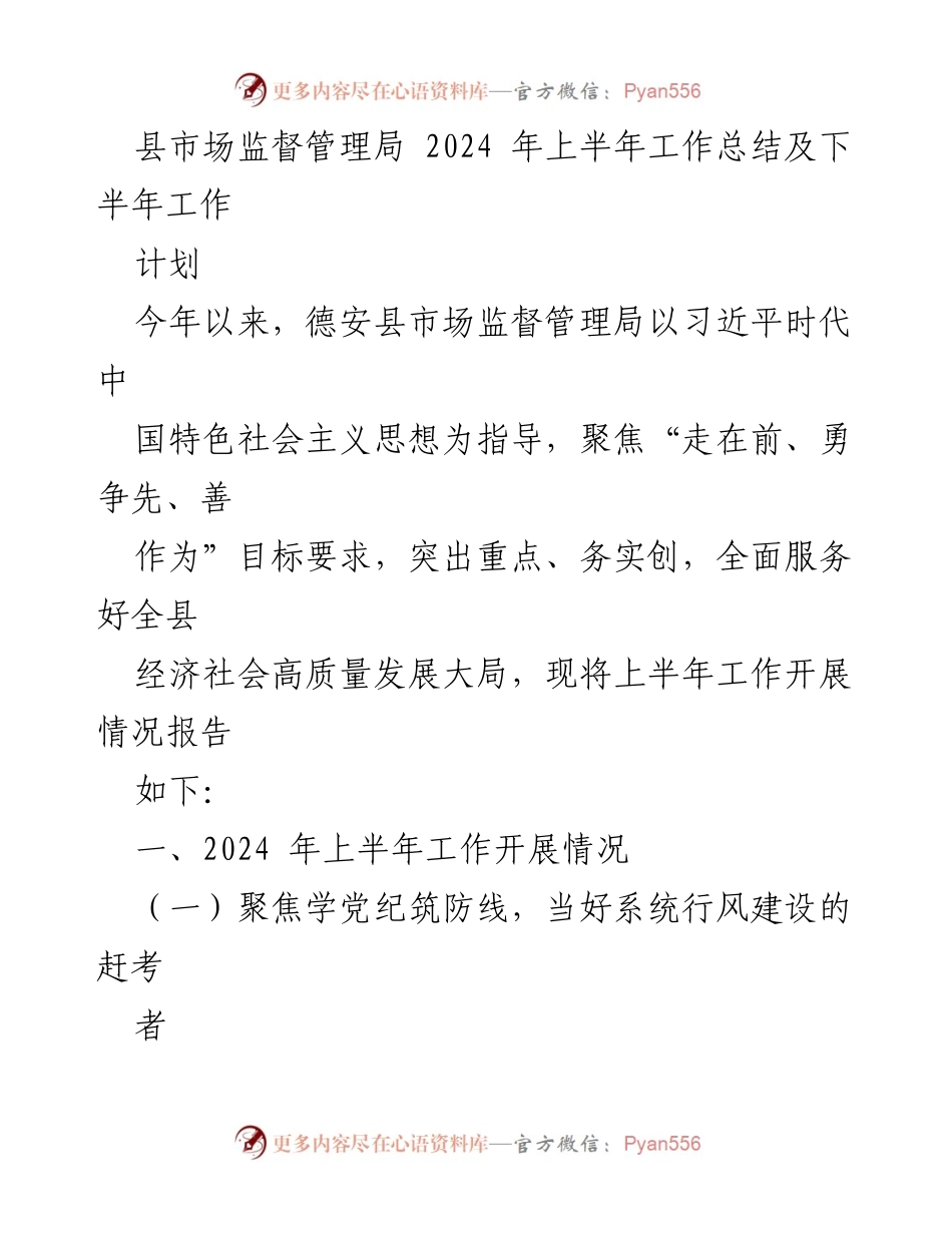 [工作总结] 县市场监督管理局 - 2024年上半年工作总结及下半年工作计划.docx_第1页