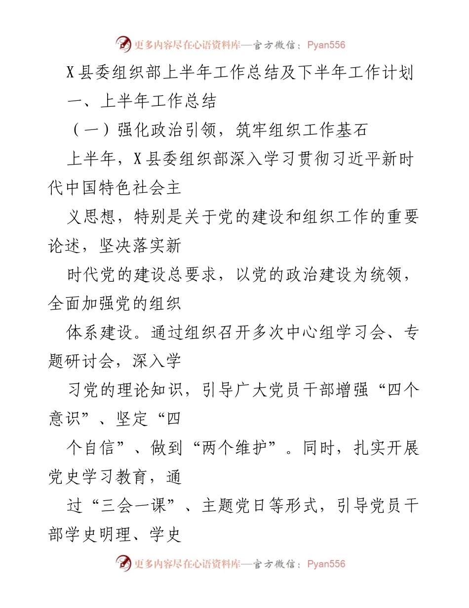 [工作总结] 县委组织部 - X县委组织部上半年工作总结与下半年工作计划.docx_第1页