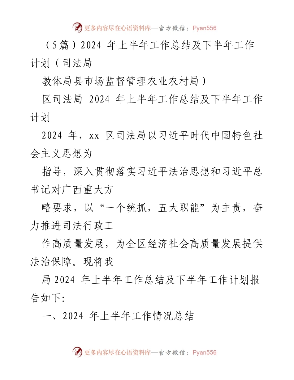 [工作总结] 司法局 - 2024年上半年工作总结及下半年工作计划.docx_第1页