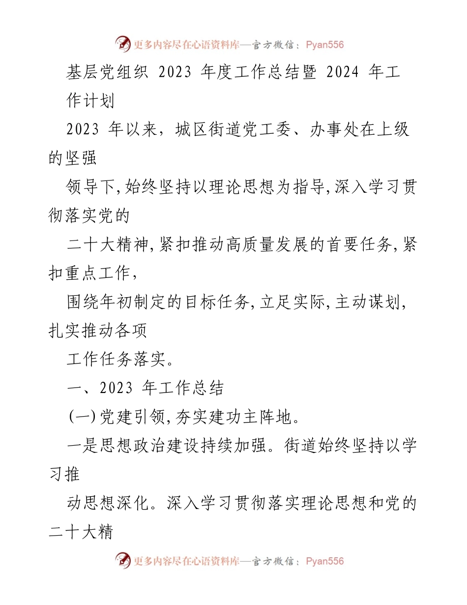 [工作总结] 基层党建 - 2023年度基层党组织工作总结与2024年工作计划.docx_第1页