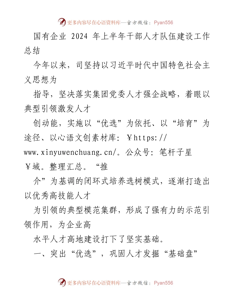 [工作总结] 国有企业干部人才队伍建设 - 2024年上半年干部人才队伍建设工作总结报告.docx_第1页