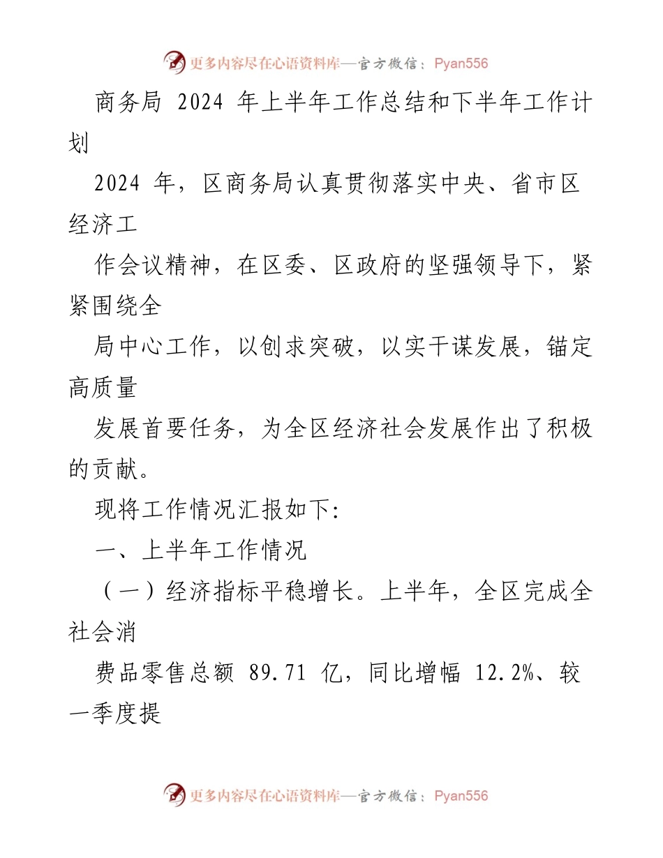 [工作总结] 商务局 - 2024年上半年工作总结及下半年工作计划.docx_第1页