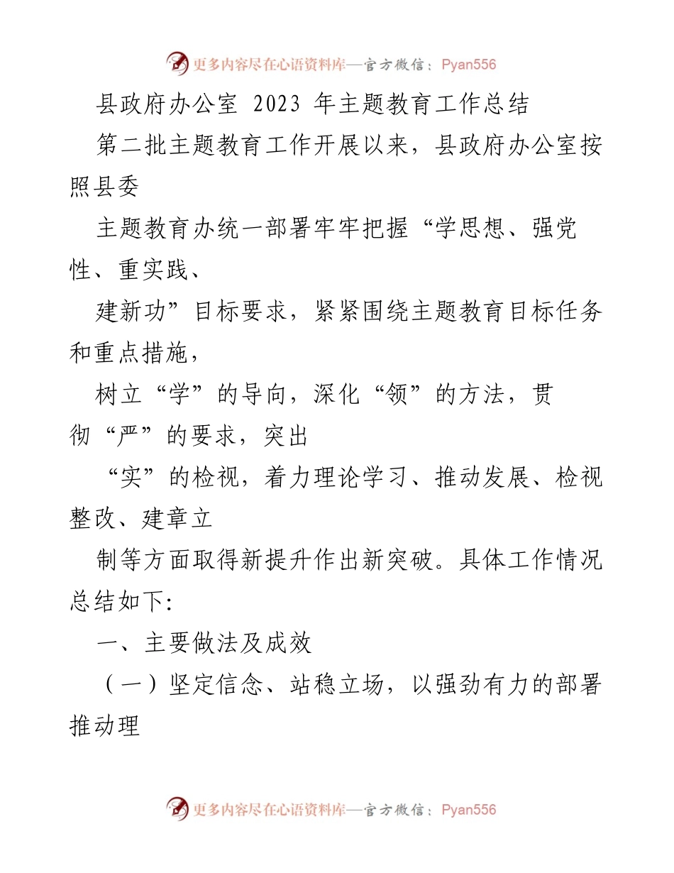 [工作总结] 县政府办公室 - 2023年主题教育工作总结与成效分析.docx_第1页