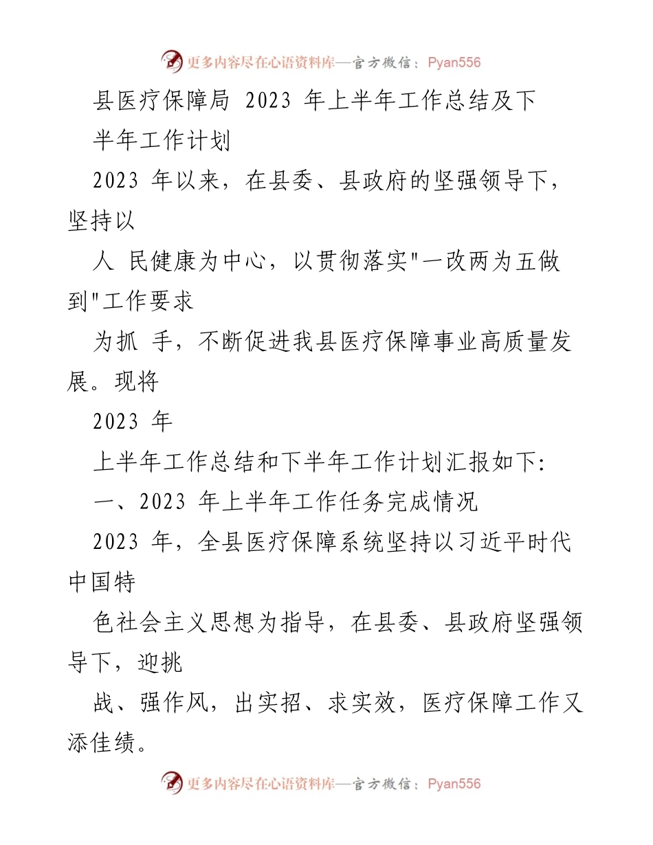 [工作总结] 县医疗保障局 - 2023年上半年工作总结及下半年工作计划.docx_第1页