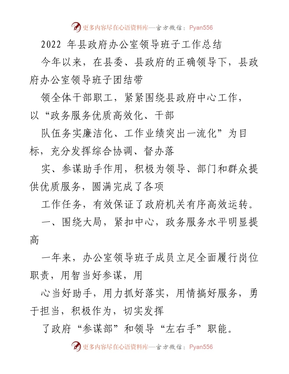 [工作总结] 县政府办公室 - 2022年度工作总结与政务服务提升报告.docx_第1页