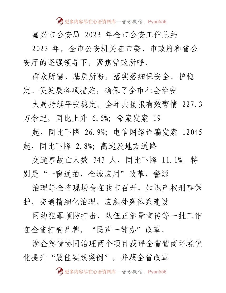 [工作总结] 嘉兴市公安局 - 2023年全市公安工作总结与成效分析.docx_第1页