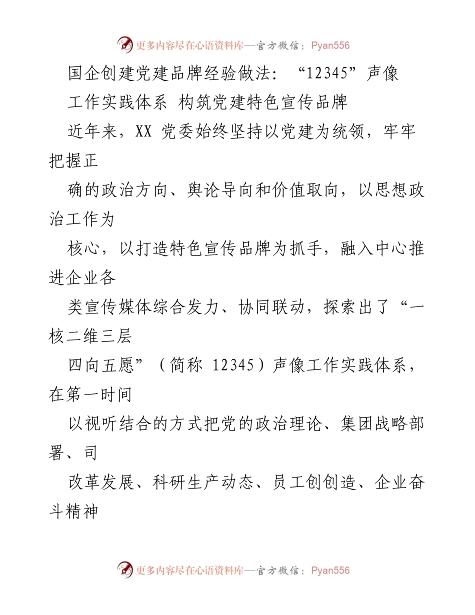 [工作总结] 国企党建品牌建设 - 国企党建品牌创建经验与“12345”声像工作实践体系总结.docx_第1页