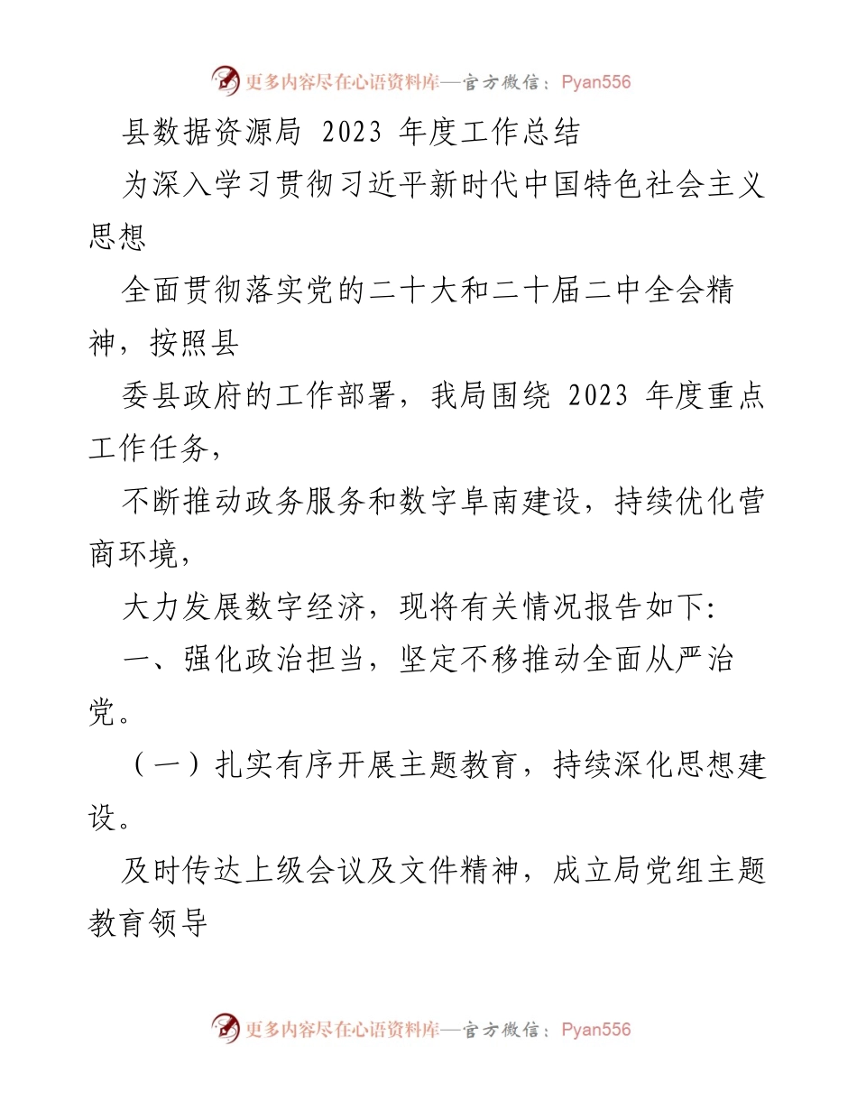 [工作总结] 县数据资源局 - 2023年度工作总结与全面从严治党推进情况报告.docx_第1页