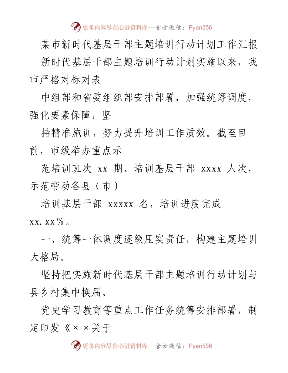 [工作总结] 培训工作 - 新时代基层干部主题培训行动计划实施工作总结.docx_第1页