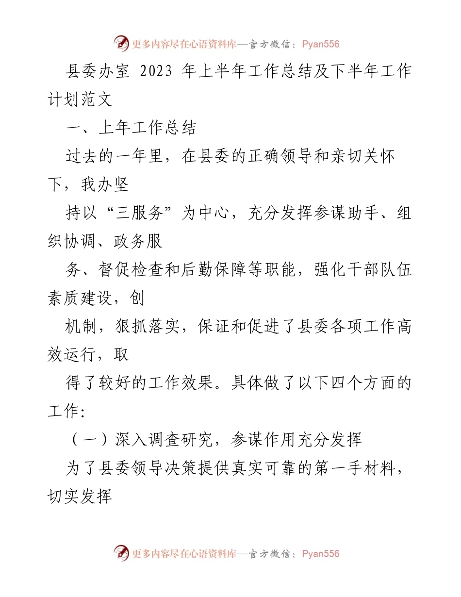 [工作总结] 县委办室 - 2023年上半年工作总结与下半年工作计划.docx_第1页