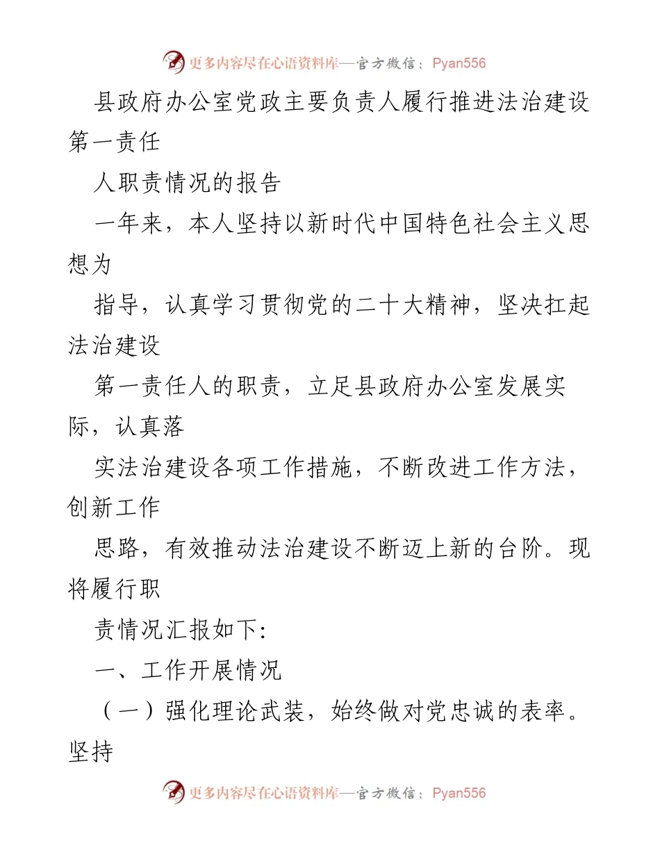 [工作总结] 县政府办公室 - 法治建设第一责任人履职情况报告.docx_第1页