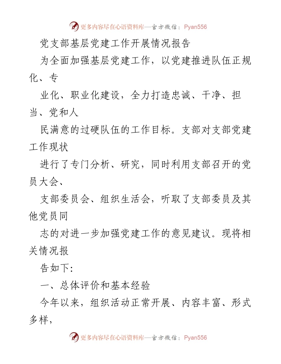 [工作总结] 基层党建工作 - 党支部基层党建工作开展情况报告.docx_第1页