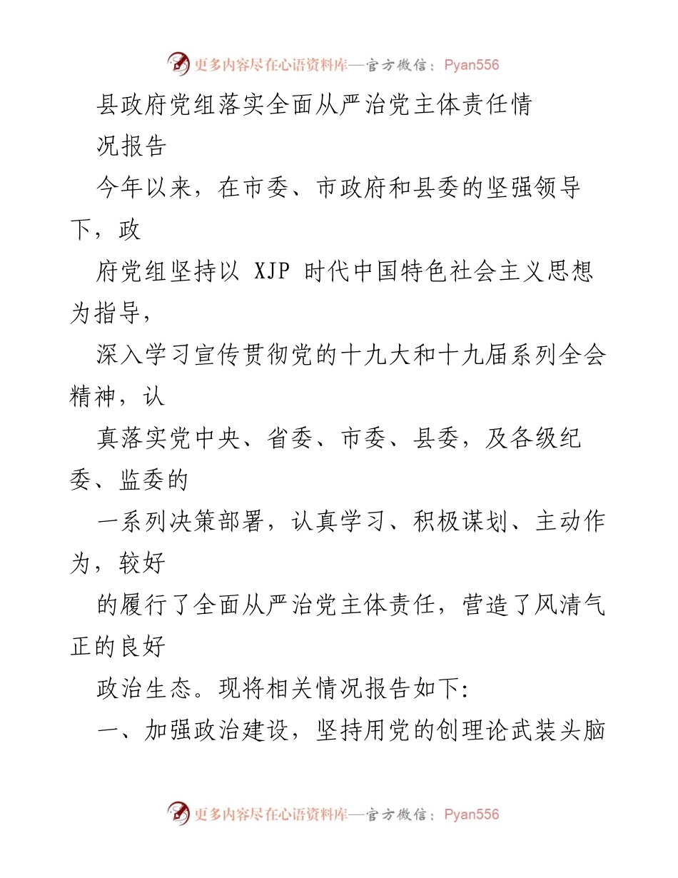 [工作总结] 县政府 - 县政府党组全面从严治党主体责任落实情况报告.docx_第1页