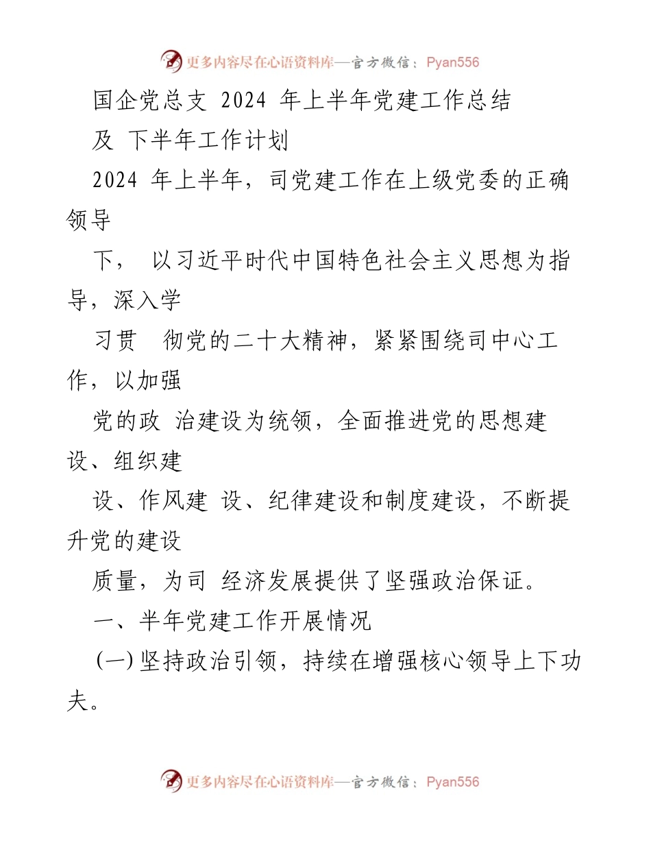 [工作总结] 国企党建 - 2024年上半年党建工作总结及下半年计划_1.docx_第1页