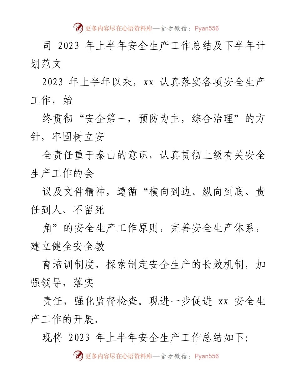 [工作总结] 半年度安全生产工作 - 2023年上半年安全生产工作总结及下半年计划.docx_第1页