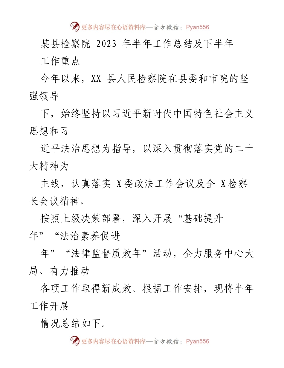 [工作总结] 半年工作总结 - 某县检察院2023年半年工作总结及下半年工作重点.docx_第1页