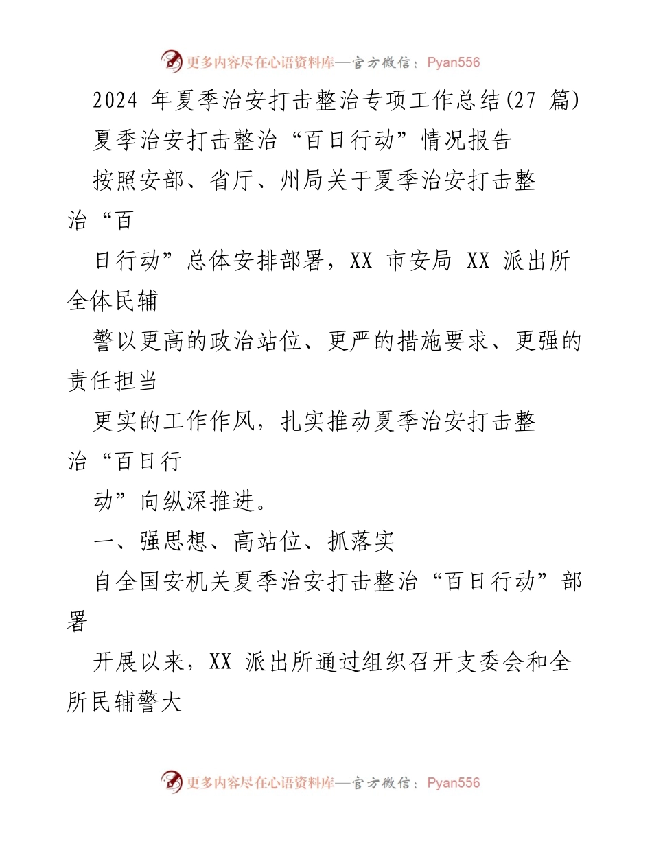 [工作总结] 夏季治安打击整治专项行动 - 2024年夏季治安打击整治“百日行动”工作总结.docx_第1页