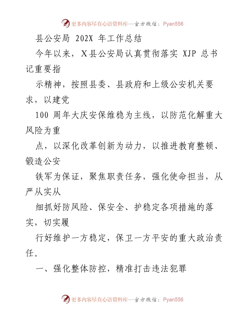 [工作总结] 县公安局 - 202X年公安工作总结与成效分析.docx_第1页