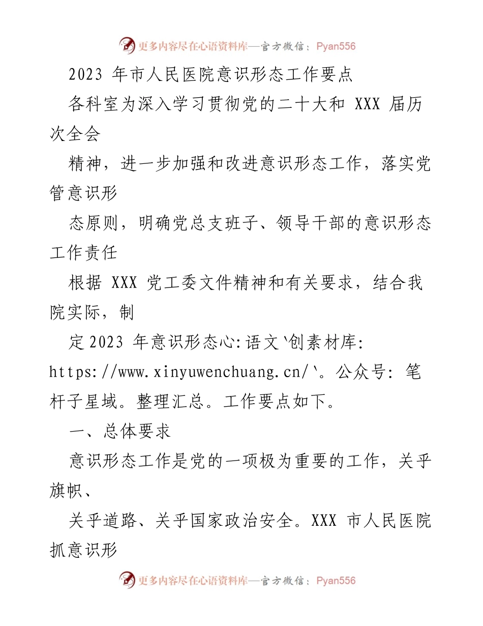 [工作总结] 医院意识形态工作会议 - 2023年市人民医院意识形态工作要点总结.docx_第1页