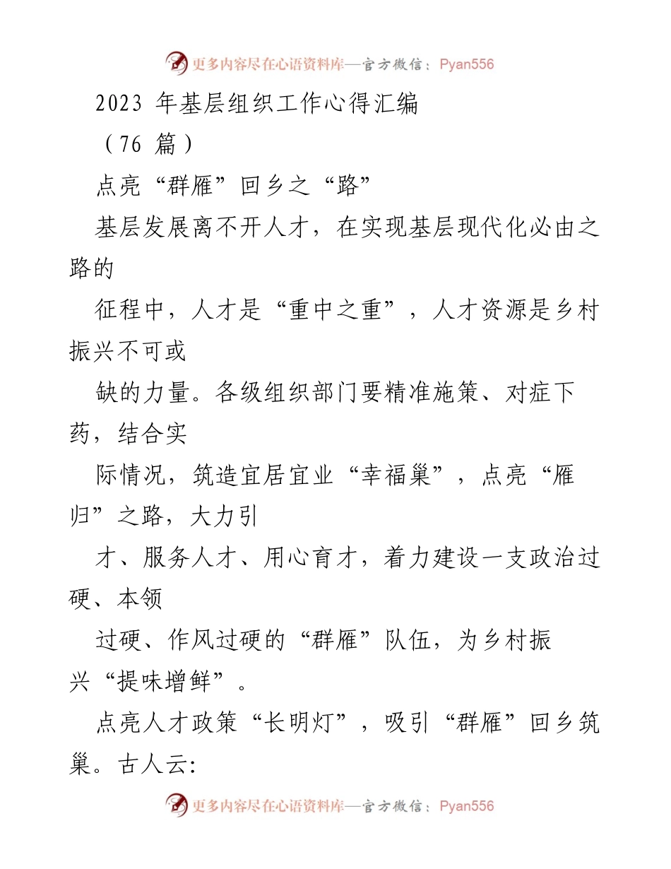 [工作总结] 基层组织工作 - 点亮“群雁”回乡之路：2023年基层组织人才工作心得汇编.docx_第1页