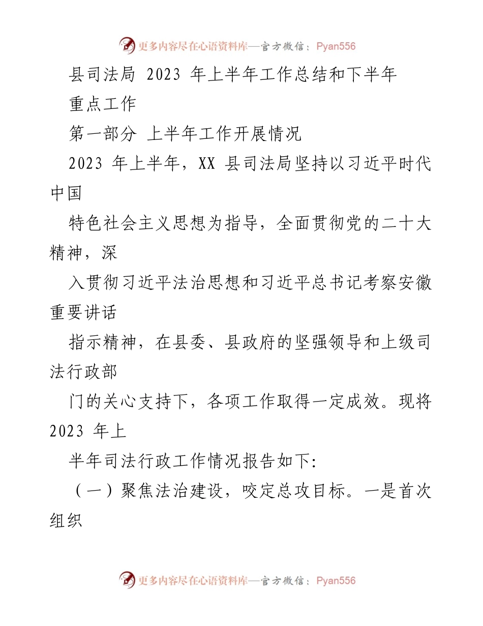 [工作总结] 县司法局 - 2023年上半年工作总结及下半年重点工作安排.docx_第1页