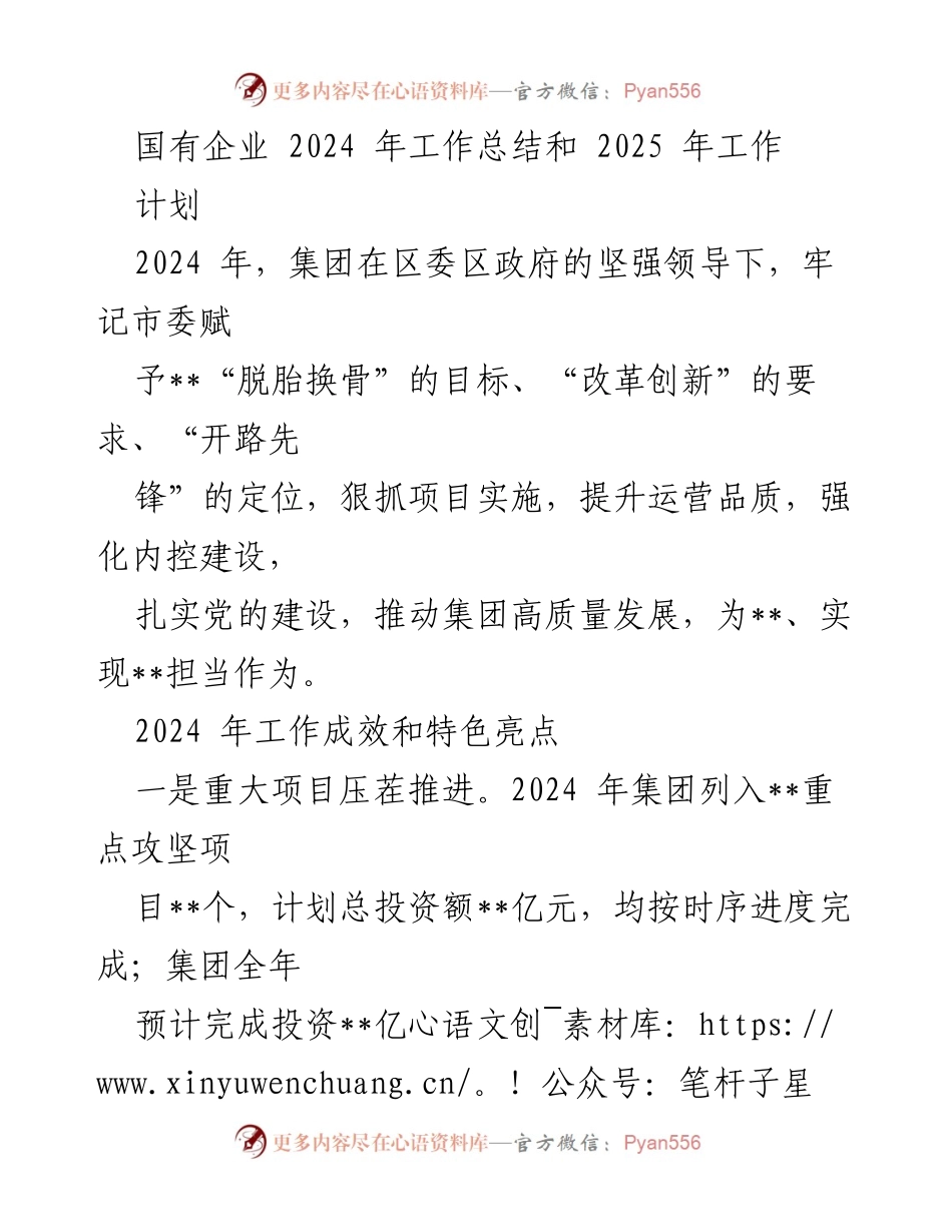 [工作总结] 国有企业 - 2024年工作总结与2025年工作计划概述.docx_第1页