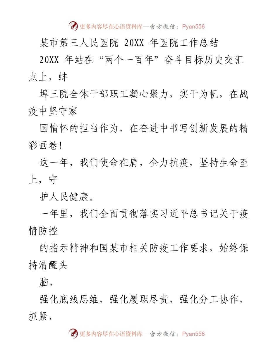[工作总结] 医院年度工作 - 某市第三人民医院20XX年度工作总结与成就.docx_第1页