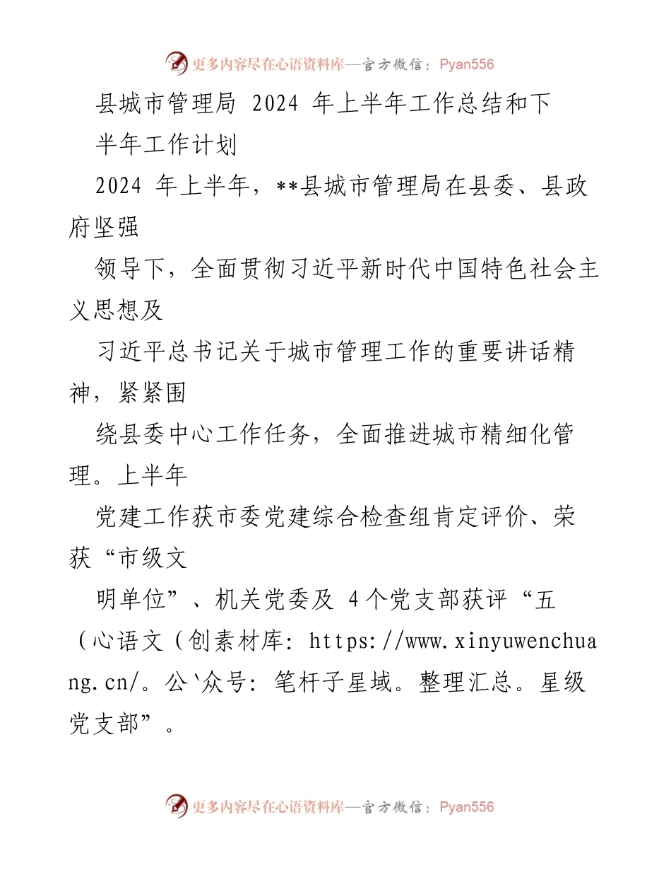 [工作总结] 城市管理局 - 2024年上半年工作总结及下半年计划.docx_第1页
