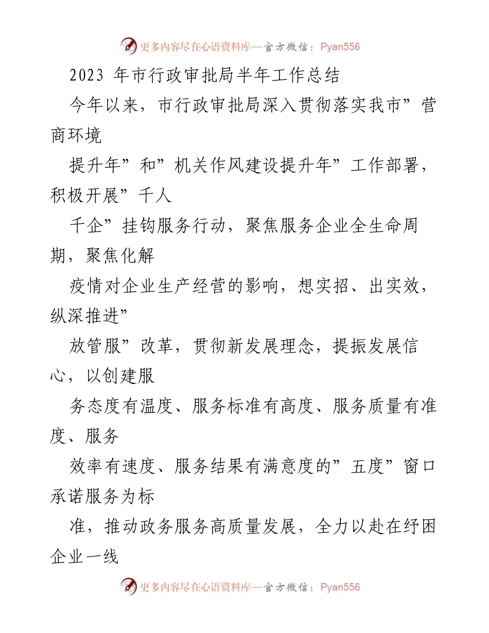 [工作总结] 半年工作总结 - 2023年市行政审批局上半年工作总结与服务提升措施.docx_第1页