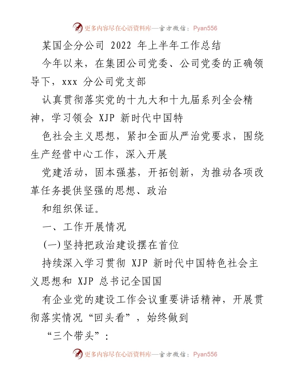 [工作总结] 国企分公司 - 2022年上半年党建工作总结.docx_第1页