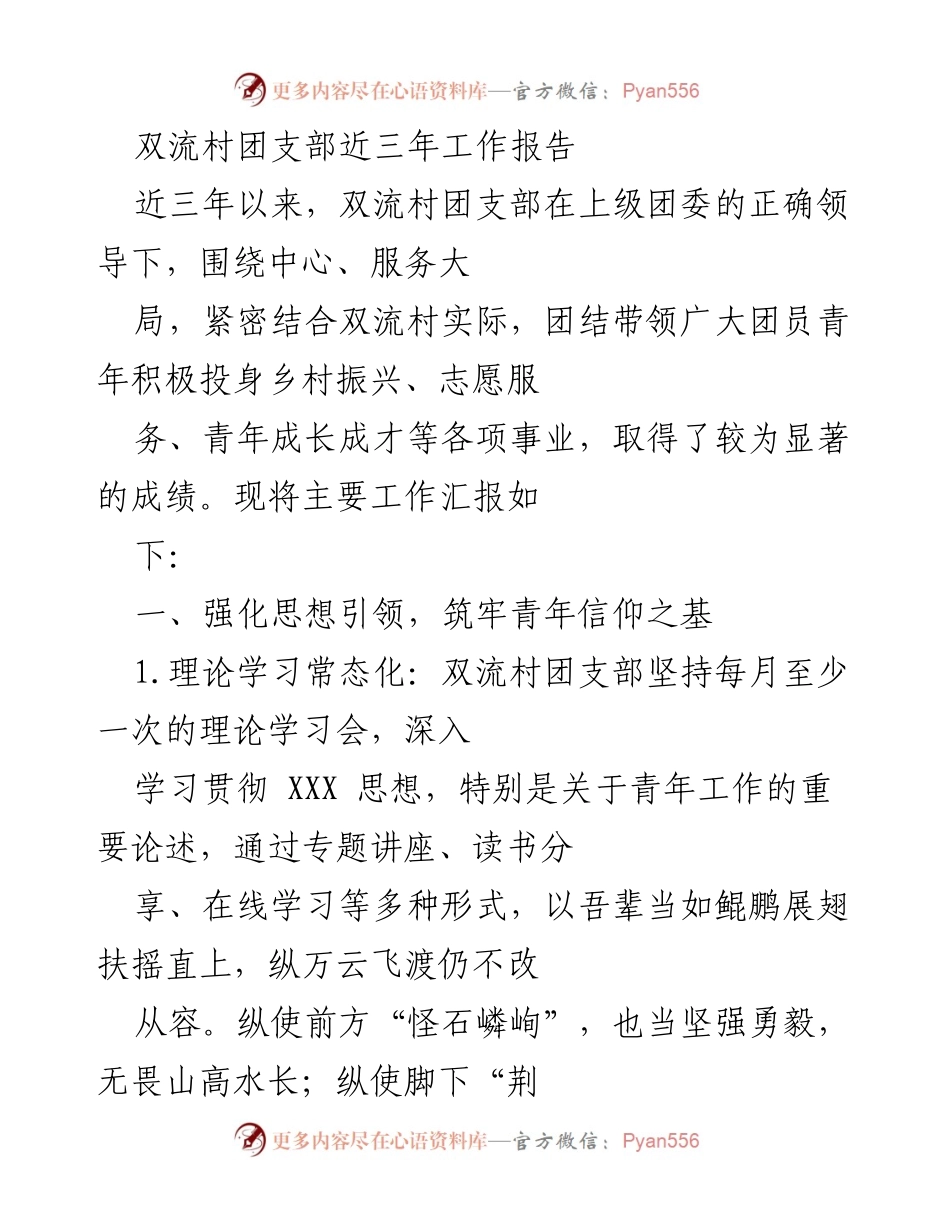 [工作总结] 双流村团支部 - 双流村团支部近三年工作总结与成就报告.docx_第1页