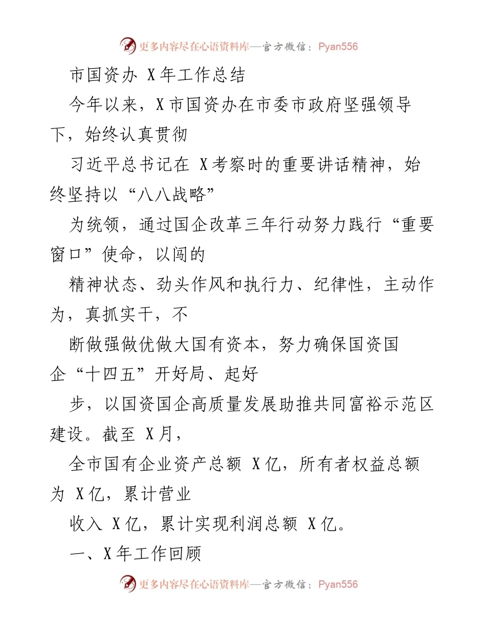 [工作总结] 国资办年度总结 - X市国资办X年工作总结与改革成效分析.docx_第1页