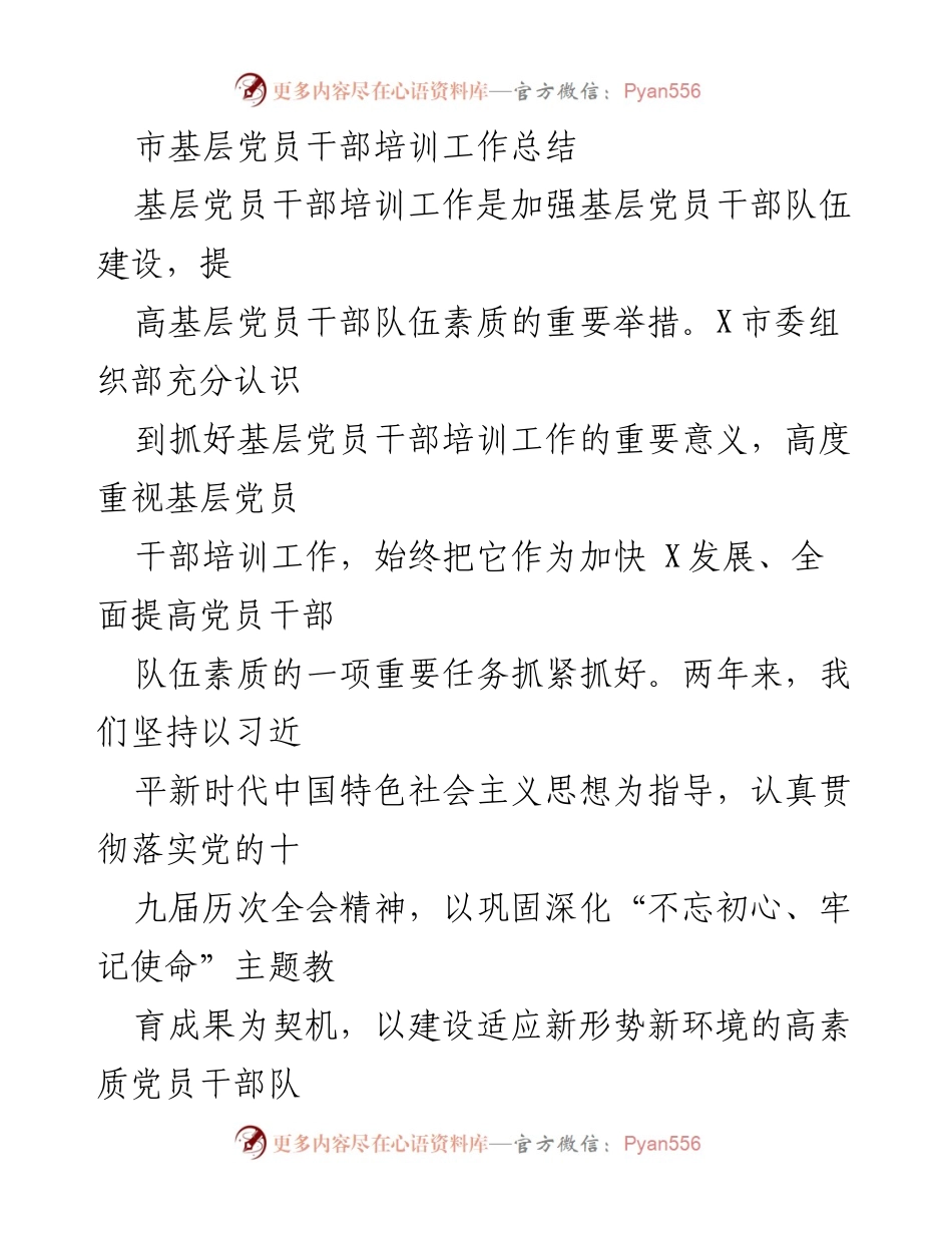 [工作总结] 基层党员干部培训 - X市基层党员干部培训工作总结.docx_第1页