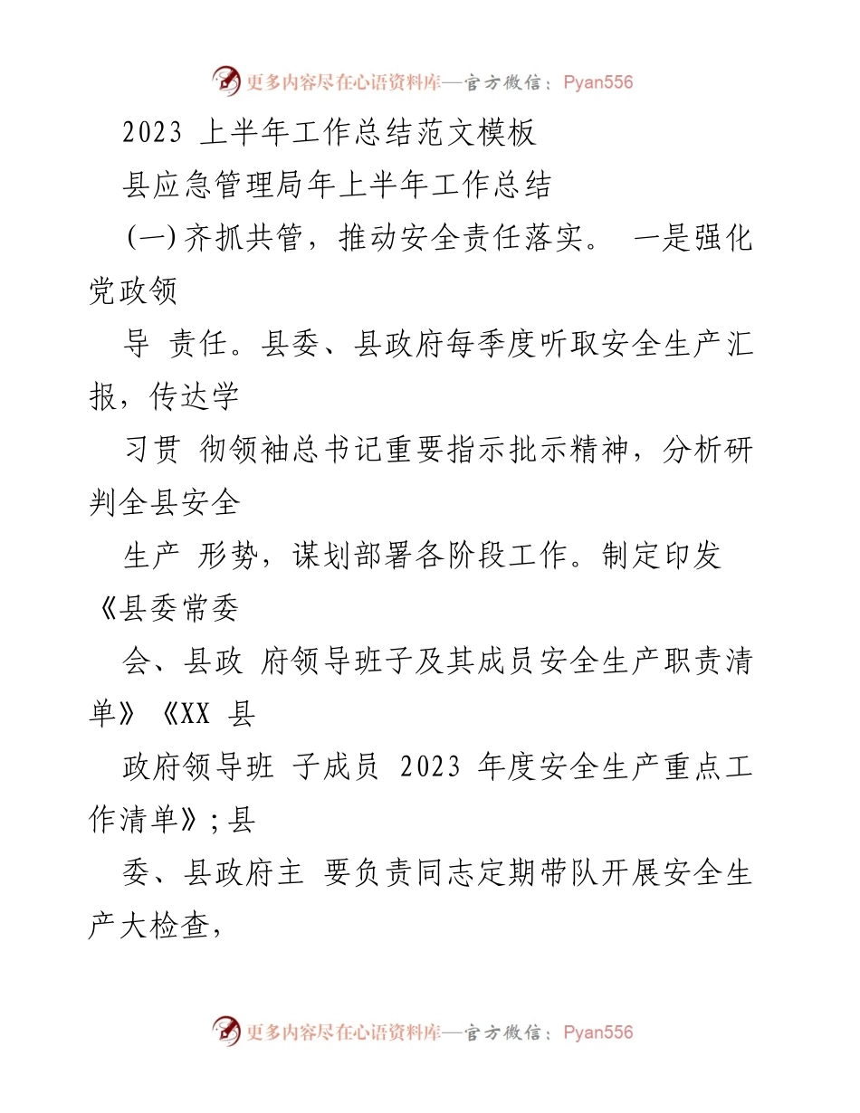 [工作总结] 县应急管理局 - 2023年上半年安全生产工作总结.docx_第1页