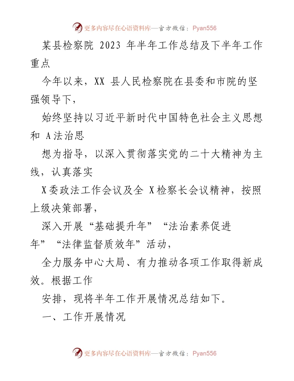[工作总结] 半年工作总结 - XX县检察院2023年上半年工作总结及下半年工作重点_1.docx_第1页