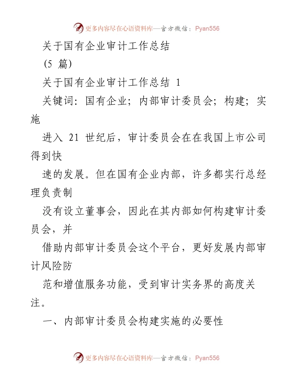 [工作总结] 国有企业审计 - 国有企业内部审计委员会构建与实施工作总结.docx_第1页