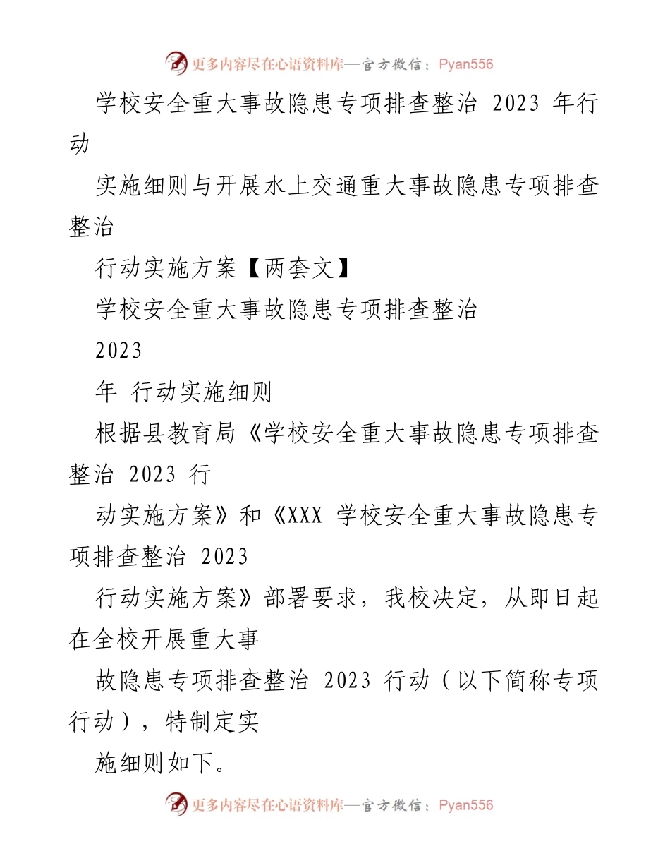 [工作总结] 学校安全隐患排查 - 学校安全重大事故隐患专项排查整治2023行动实施细则.docx_第1页
