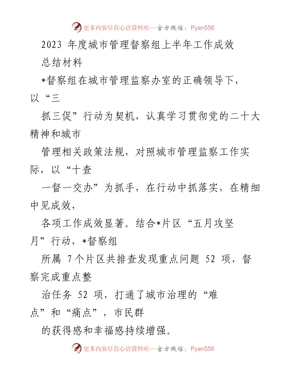 [工作总结] 城市管理督察组 - 2023年上半年城市管理督察工作成效总结.docx_第1页