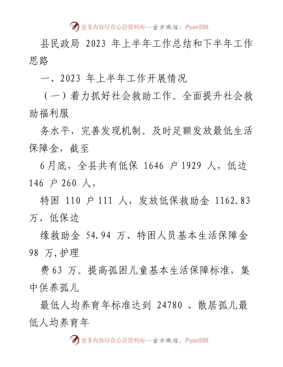 [工作总结] 县民政局 - 2023年上半年工作总结与下半年工作思路.docx_第1页