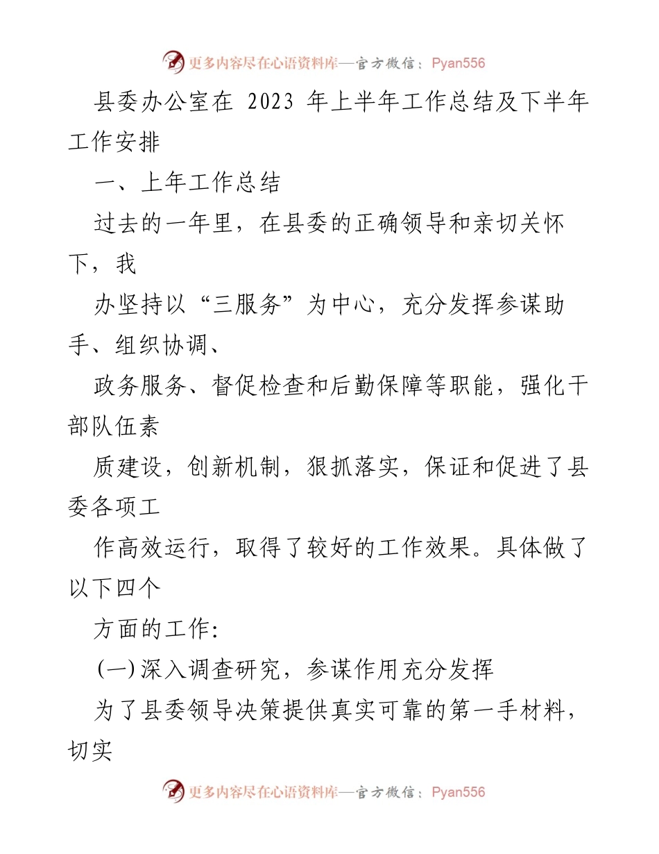[工作总结] 县委办公室 - 2023年上半年工作总结与下半年工作安排.docx_第1页