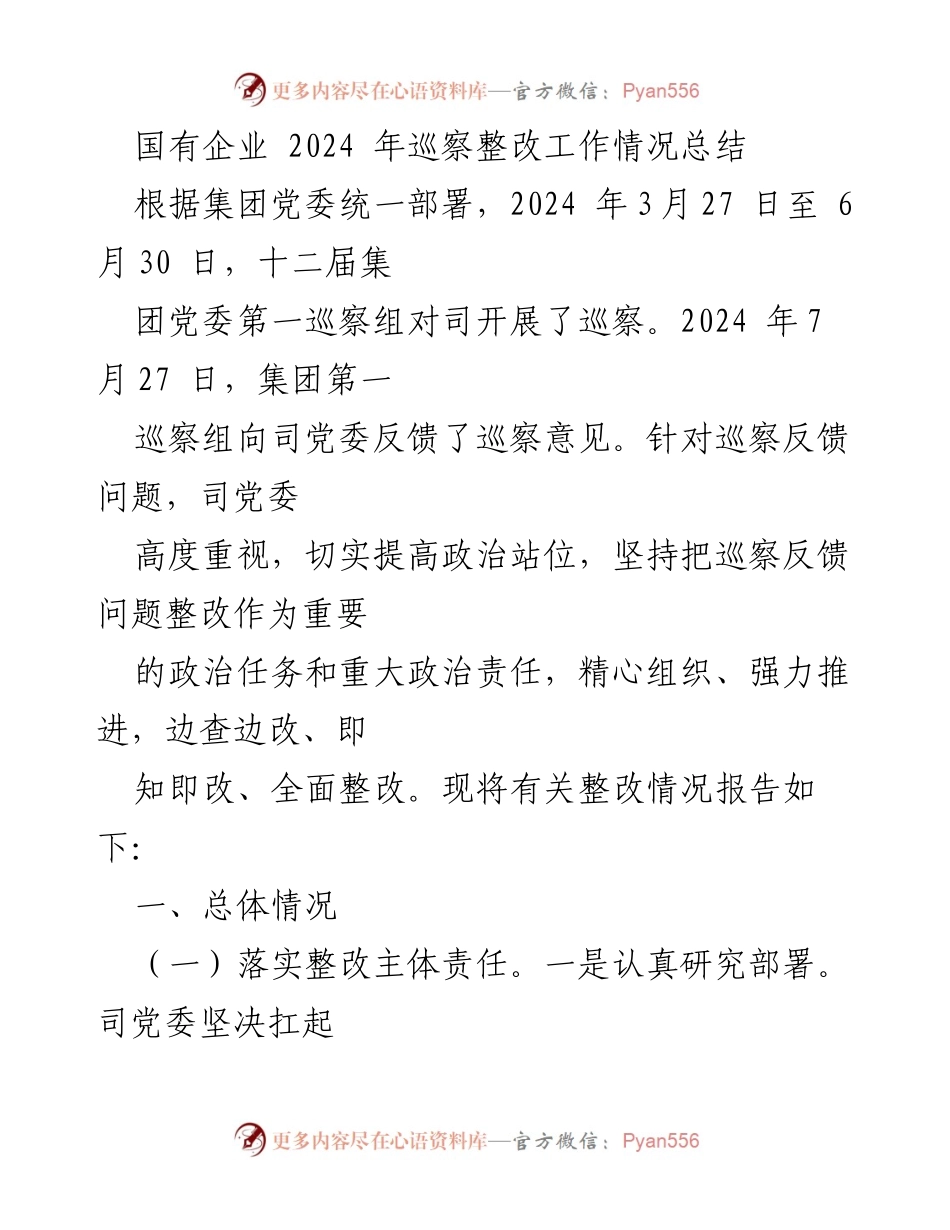 [工作总结] 国有企业巡察整改 - 2024年国有企业巡察整改工作情况总结_1.docx_第1页