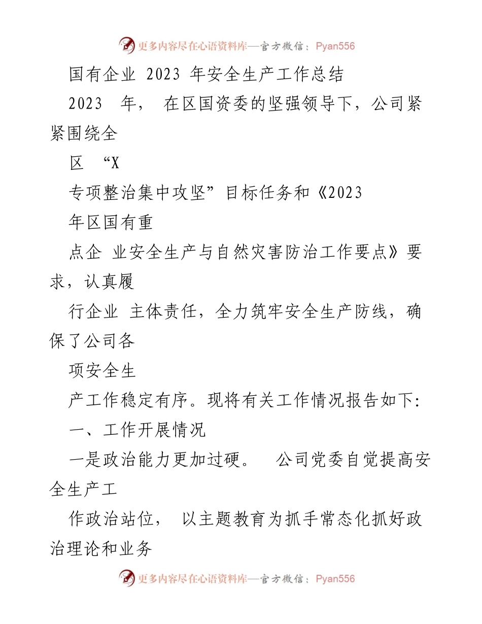 [工作总结] 国有企业安全生产 - 2023年国有企业安全生产工作总结.docx_第1页