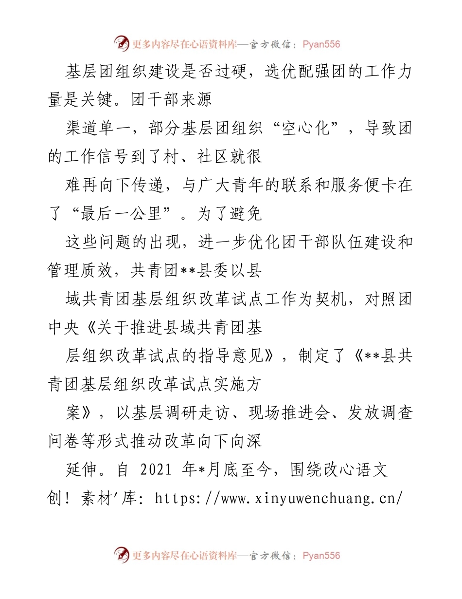 [工作总结] 基层团组织改革 - 优化团干部队伍建设，破解基层团组织“空心化”问题.docx_第1页