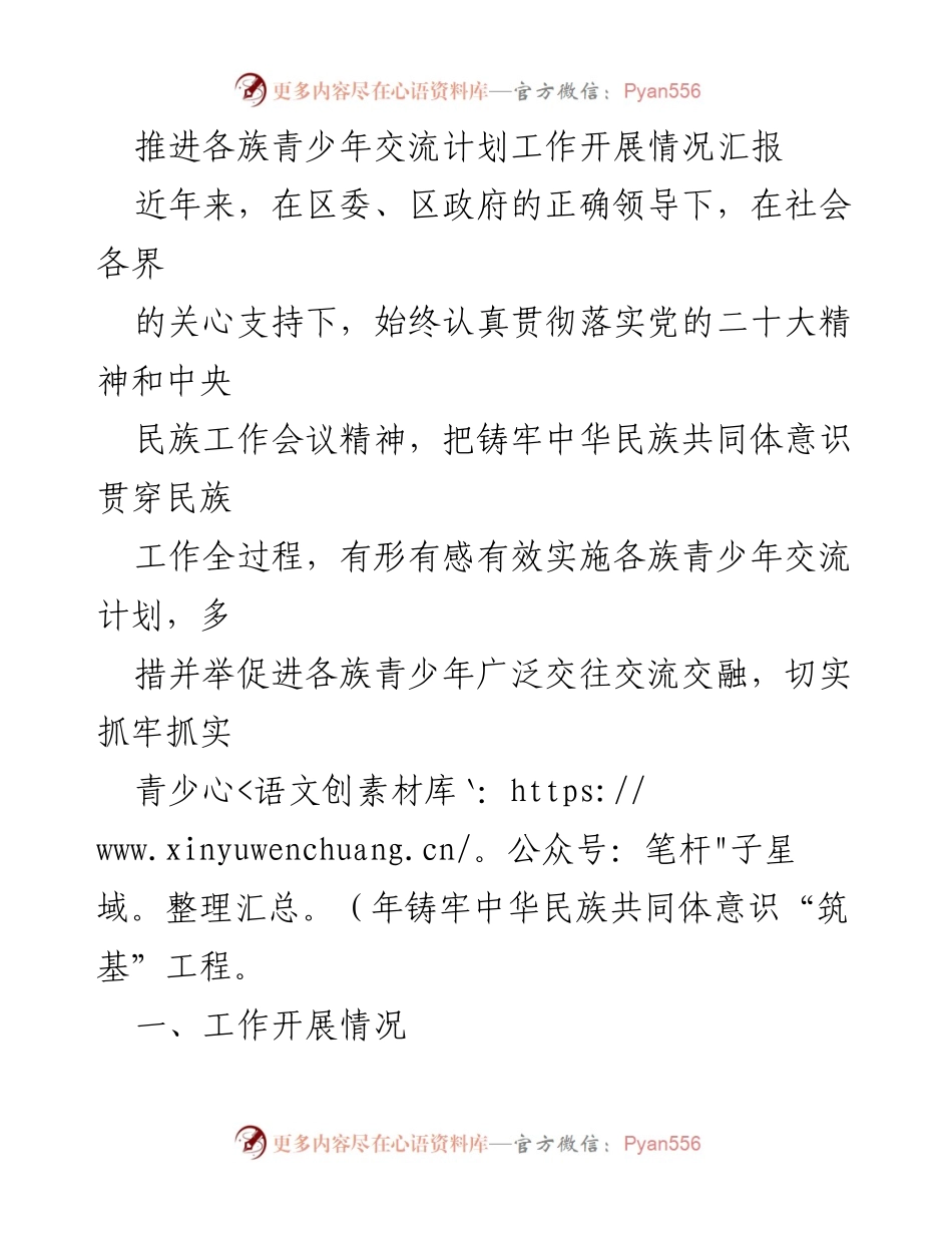 [工作总结] 各族青少年交流计划 - 推进各族青少年交流计划工作开展情况汇报.docx_第1页