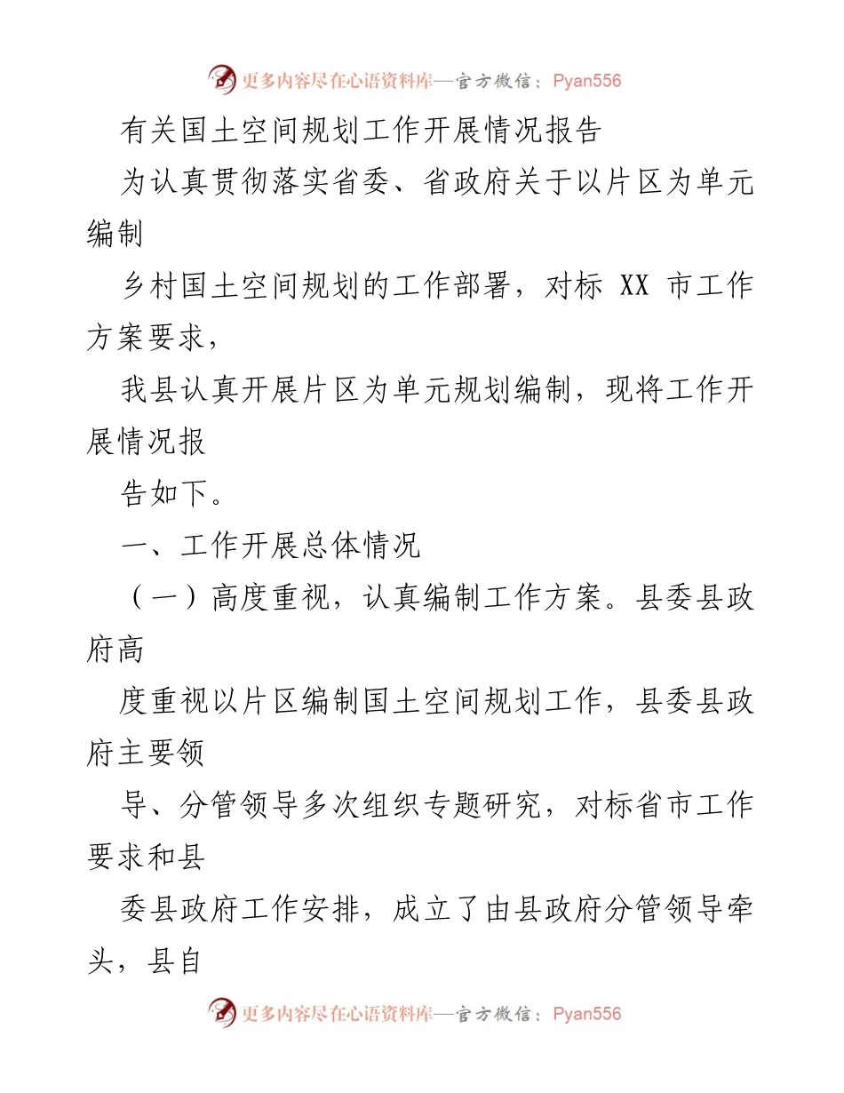 [工作总结] 国土空间规划工作 - 乡村国土空间规划工作开展情况报告.docx_第1页